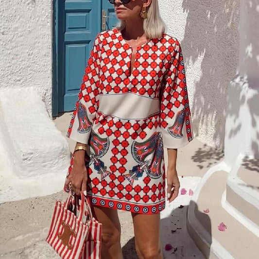 Cotton Linen Casual National Positioning Printed 3/4 Sleeves Mini Dress