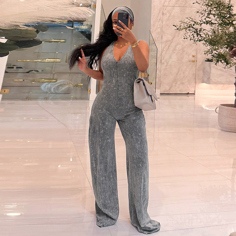 Women Clothing Autumn Solid Color Faux Washed Printed Hairband Backless Underwaist Flared Jumpsuit