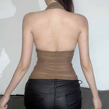 Summer Women Clothing Sexy V neck Halter Spaghetti Straps Vest Mesh Pleats Top for Women - Wanita Store