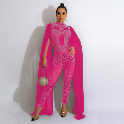 Autumn Winter Women Clothing Sexy Mesh Rhinestone See through Nightclub Jumpsuit Women - Wanita Store