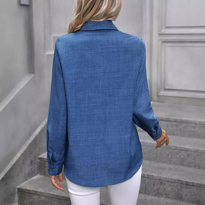 Spring Summer Casual Single Breasted Solid Color Color Matching Long Sleeve Collared Shirt Women Top - Wanita Store