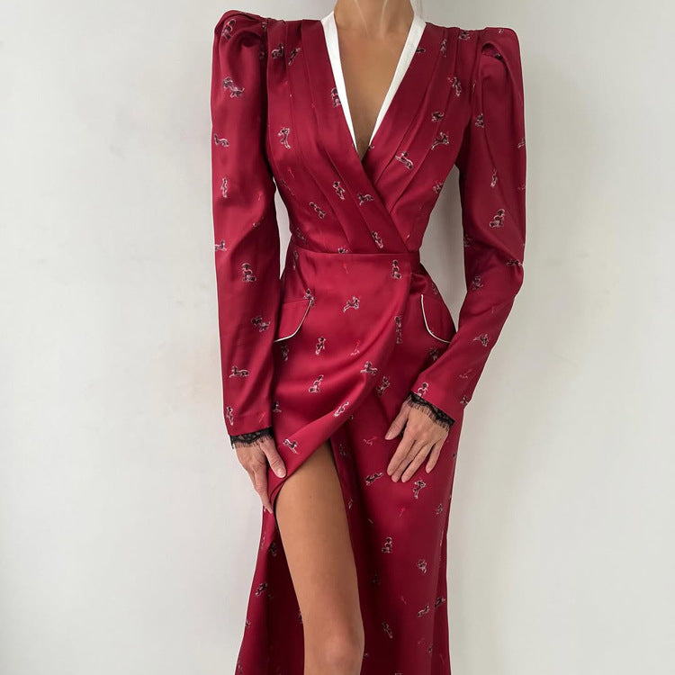 Women Clothing Elegant Printing A Line Dress V neck Long Sleeve Lace Stitching French Dress