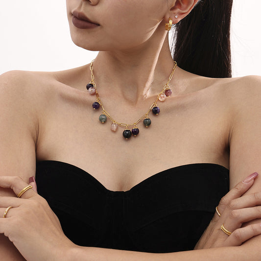 Mioli Handmade Chain Colorful Natural Stone Bohemian Necklace Women Stainless Steel All Match Internet Celebrity Embellished Jewelry - Wanita Store