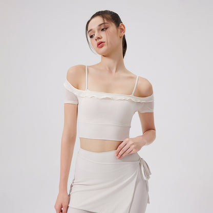 Sexy Lace Mesh Yoga Clothes Short Sleeve Running Quick Drying Sports Bra with Chest Pad One Piece Cup Workout Clothes - Wanita Store