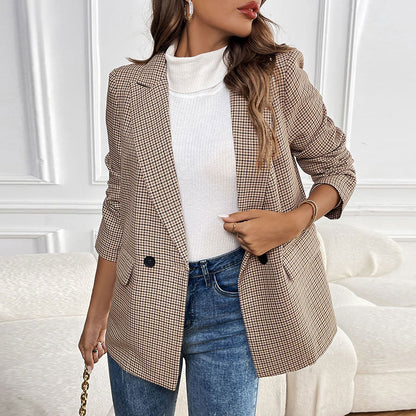 Autumn One Button Houndstooth Blazer - Wanita Store