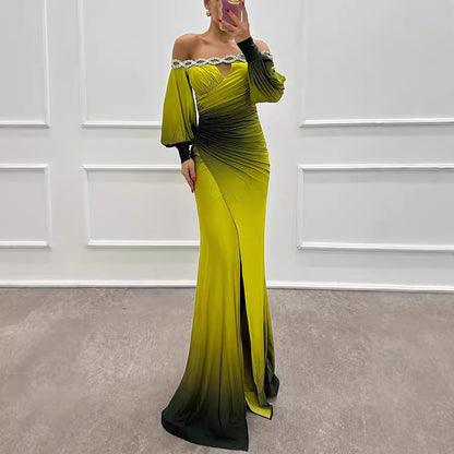 Autumn Winter Long Sleeve Off Shoulder Printing Dress Casual Party Dress Dress Women - Wanita Store