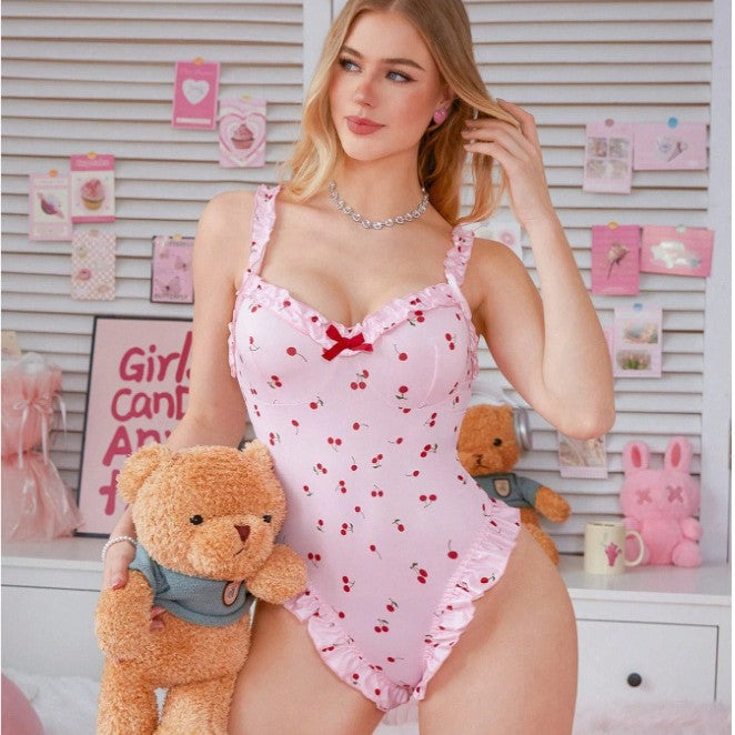 Sexy Pure Small Cherry Ruffled Jumpsuit Suspender Lingerie Set