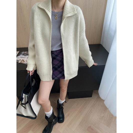 Loose Feeling Weekend Soft Glutinous Idle Double Zipper Loose Knitted Cardigan Sweater Coat