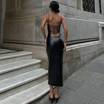 Women Clothing Summer Faux Leather Sexy Backless Lace Up Tight Waist Sheath Split Sling Dress - Wanita Store