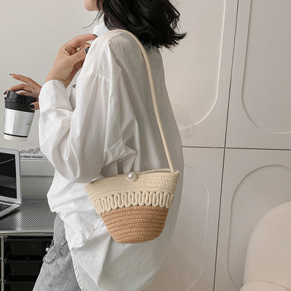 Crossbody Straw Bag Cotton Thread Woven Bag Mobile Phone Change Key Case Hollow Out Cutout Cotton Thread Woven Bag Casual Cute Women - Wanita Store