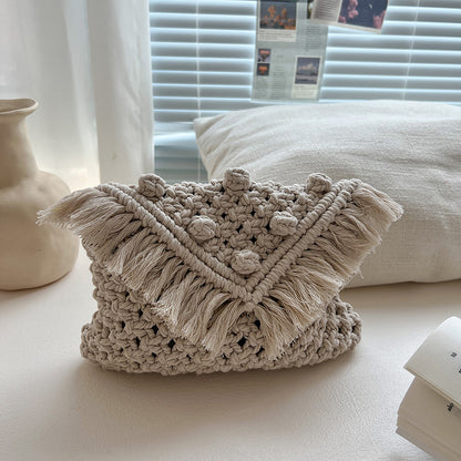 Beanie Crossbody Cotton Thread Woven Bag Women Tassel Bag Cover Shoulder Straw Bag Vacation Beach Bag - Wanita Store