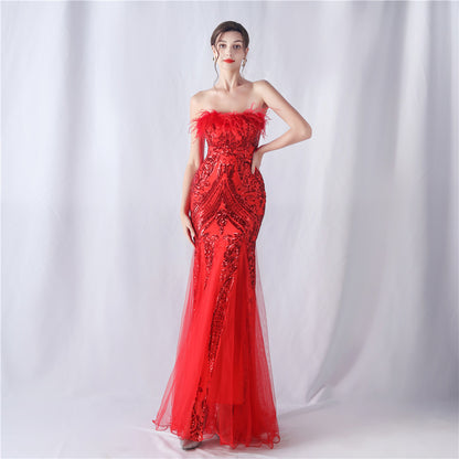 Ostrich Feather Positioning Floral Cutting Wedding Annual Meeting Tube Top Sequin Gauze Evening Dress - Wanita Store