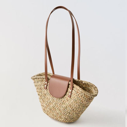 Natural Grass Shoulder Straw Bag Faux Leather Stitching Woven Bag Vacation Beach Bag All Match Rattan Weave Bag - Wanita Store