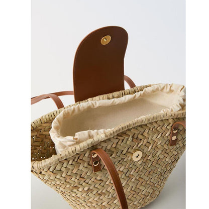 Natural Grass Shoulder Straw Bag Faux Leather Stitching Woven Bag Vacation Beach Bag All Match Rattan Weave Bag - Wanita Store