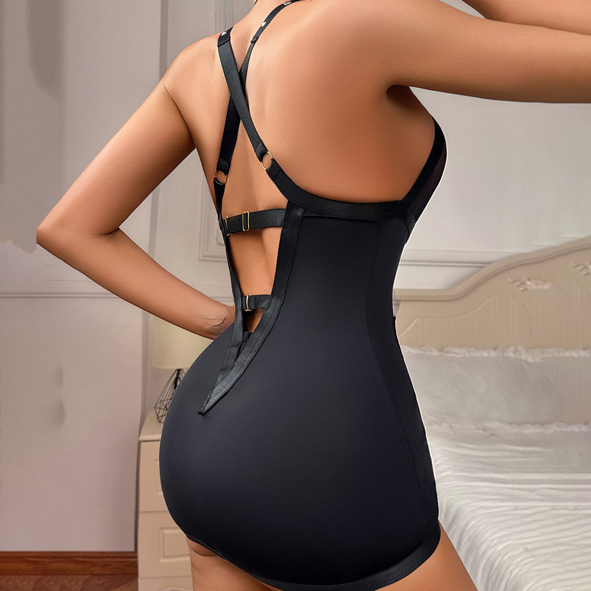 Metal Decorative Rivets Cross V neck Hollow Out Cutout Design Sexy Halter Body Shaping Sexy Hip