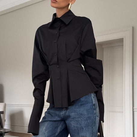 Court White Cotton Shirt Women Light Luxury Pleat Waisted Slim-Fit Long-Sleeved Collared Shirt - Wanita Store