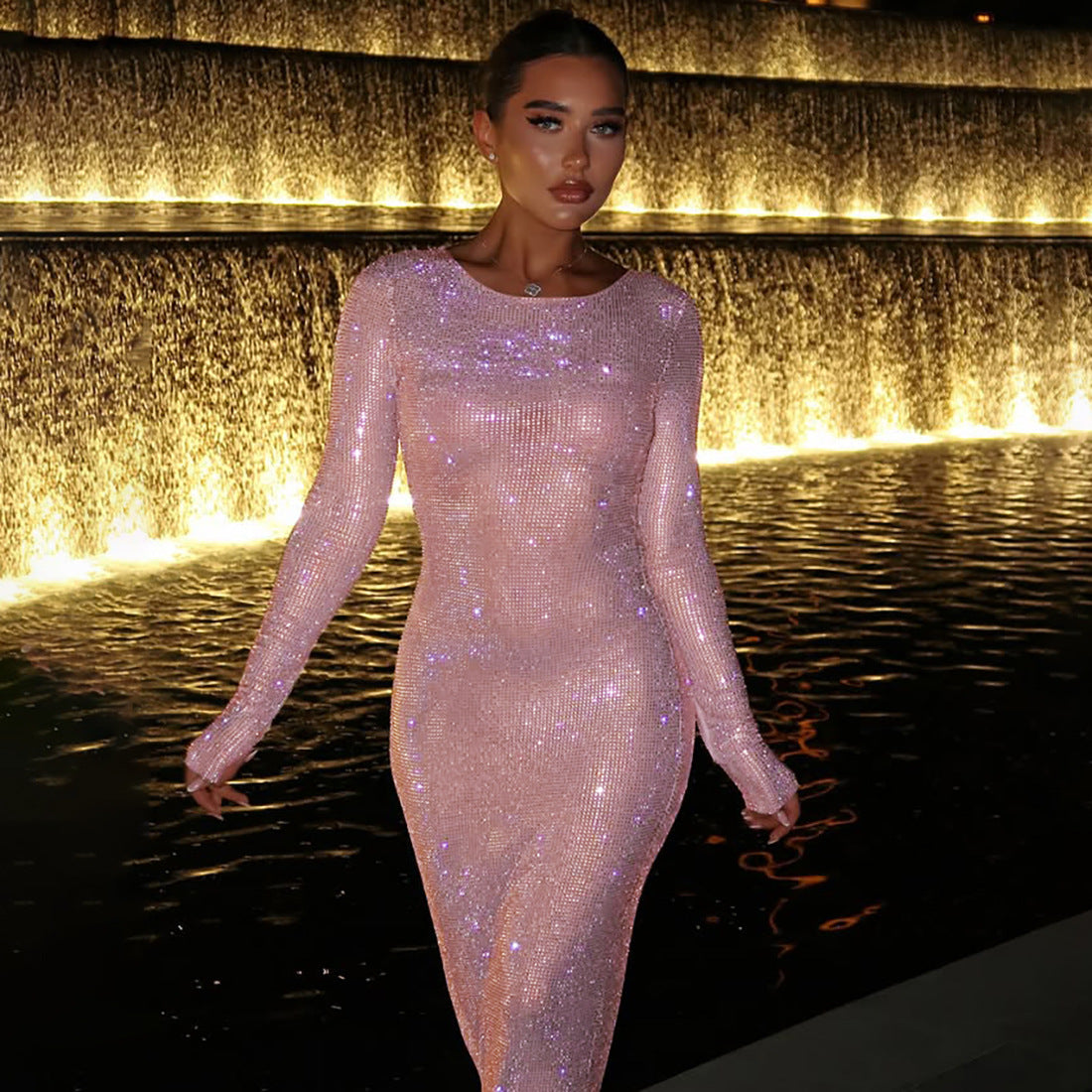 Women Clothing Autumn Slim Fit round Neck Long Sleeves Solid Color Thin Glittering Dress Maxi Dress