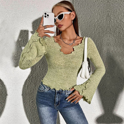 Women Clothing Trendy Elegant T Shirt Autumn Winter Edging Design Short Bell Sleeve Top - Wanita Store