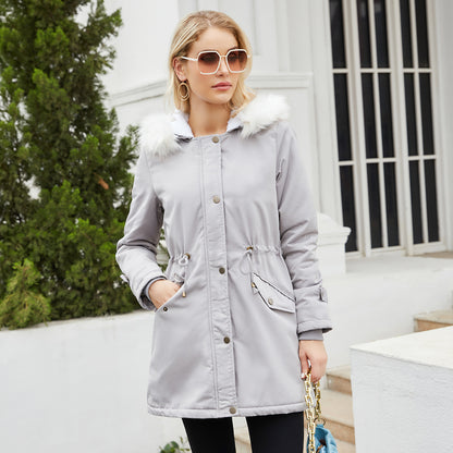 Autumn Winter Detachable Fur Collar Women Overcome Long Sleeve Hooded Cotton Padded Coat Fleece Coat Cotton Padded Coat Women - Wanita Store