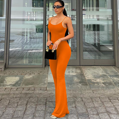 Women Clothing Spring Sexy U Collar Backless Slim Fit Solid Color Sling Jumpsuit - Wanita Store