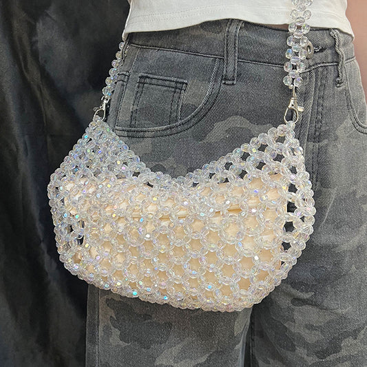 Summer High Sense Special Interest Design Crossbody Bag Women Transparent Magic Color Weaving Hollow Out Cutout Beaded Bag