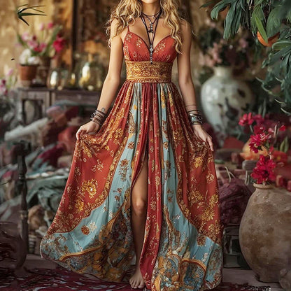 Summer Tube Top Backless Suspender Dress Vintage Printed Maxi Dress - Wanita Store