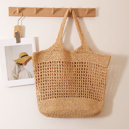 Large Capacity Tote Straw Bag Hollow Out Cutout Shoulder Straw Bag Woven Bag Vacation Beach Bag Women Bag - Wanita Store