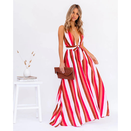Sexy Strap Deep V Plunge Striped Casual Dress Home Loose Lace up Large Swing