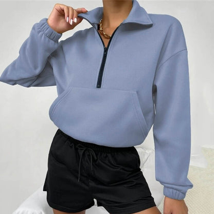 Autumn Women Clothing Loose Zip Collar Long Sleeve Sweatshirt Tops - Wanita Store