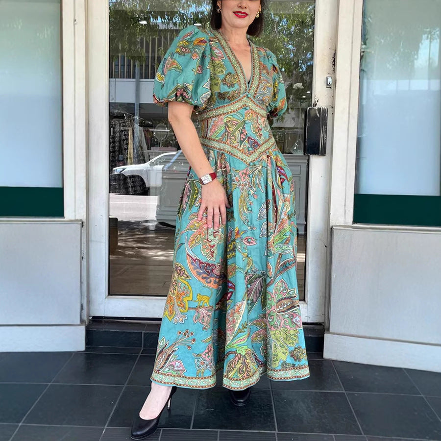 Spring Summer Printed Lantern Sleeve Dress Casual Loose Vacation Dress Women