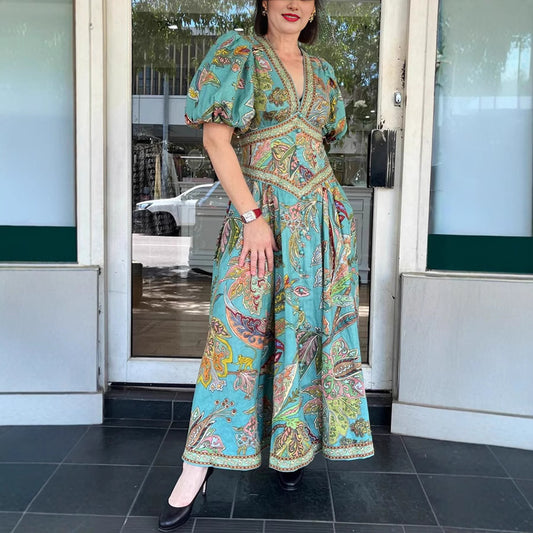 Spring Summer Printed Lantern Sleeve Dress Casual Loose Vacation Dress Women