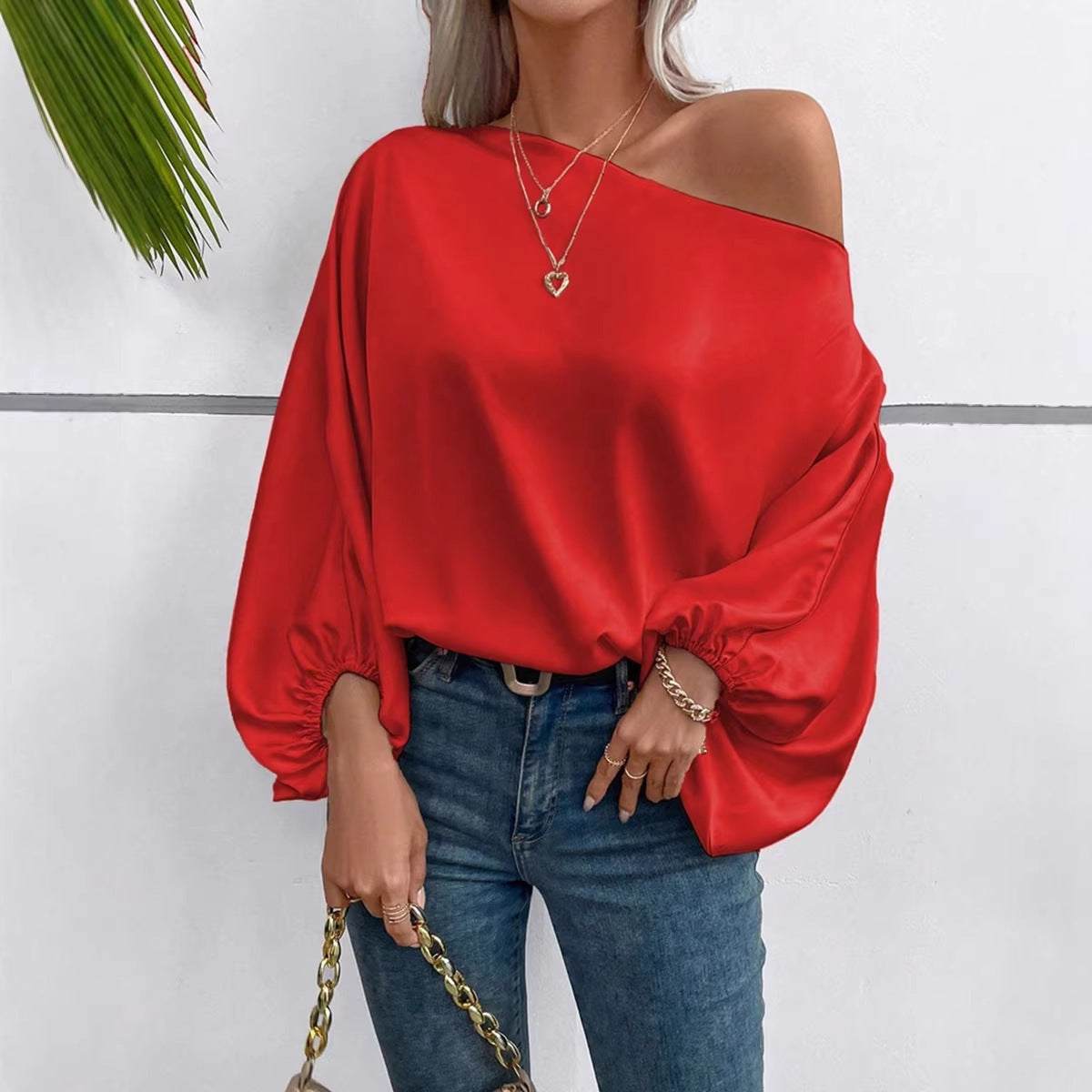 Women Clothing Winter off the Shoulder Satin Shirt Loose Asymmetry Top - Wanita Store