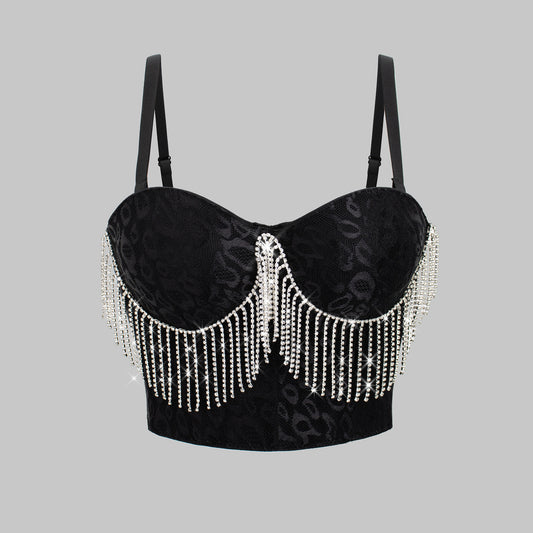 Sexy Belly Dance Costume Diamond Embedded Tassel Suspender Vest Outer Wear Slimming Boning Corset Wrapped Chest