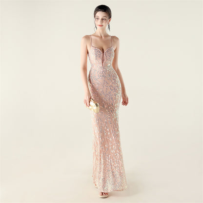 Beaded Embroidery Sequined Waist Trimming Lace up Deep V Plunge Heart Strap Evening Dress Cocktail Party - Wanita Store
