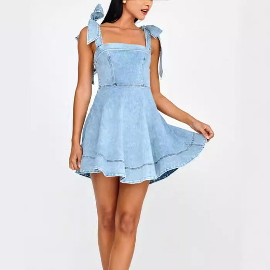 Spring Summer Office Suspenders Denim Women Dress