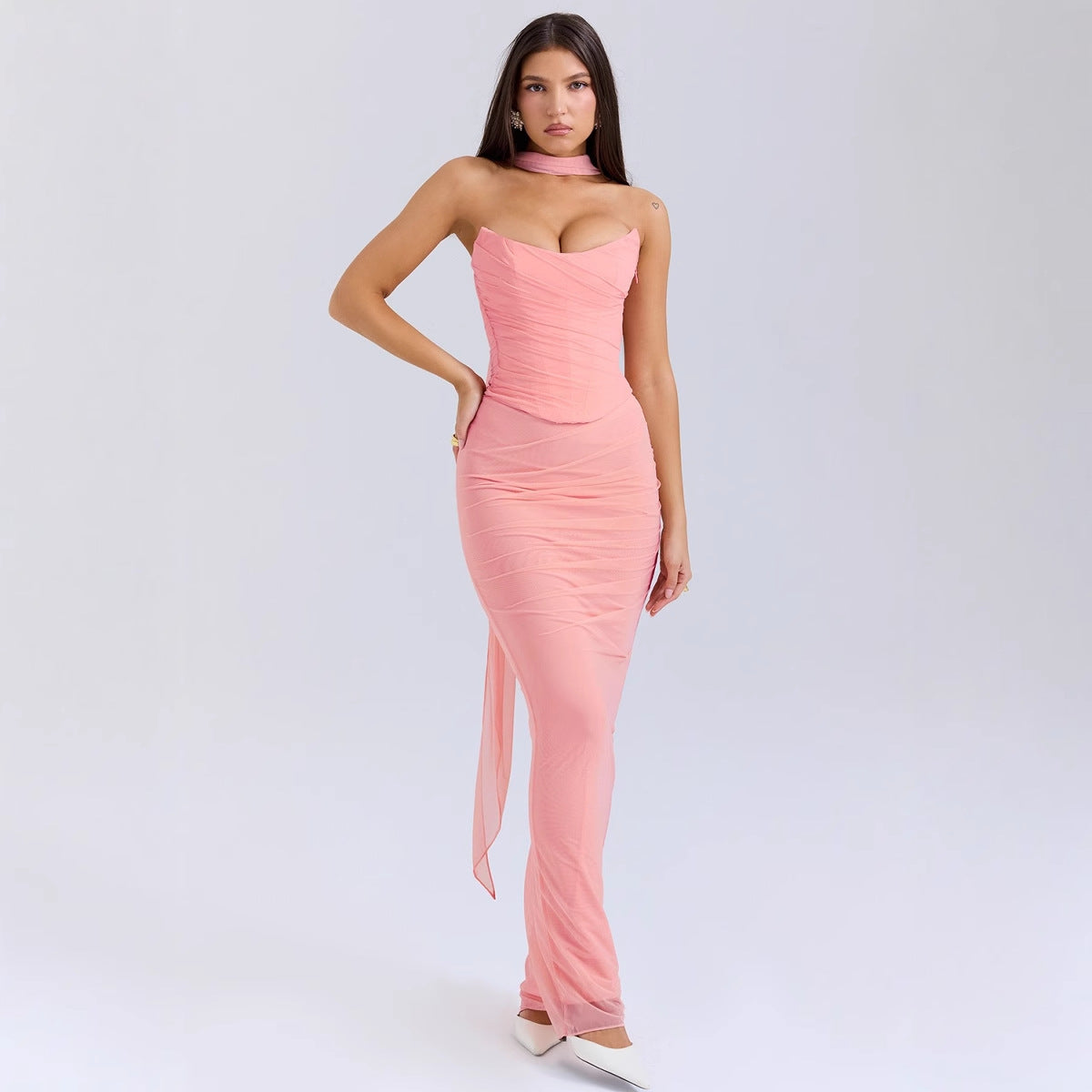 Blue Strapless Short Top High Waist Sheath Pencil Slim Fit Skirt Two Piece Set Women