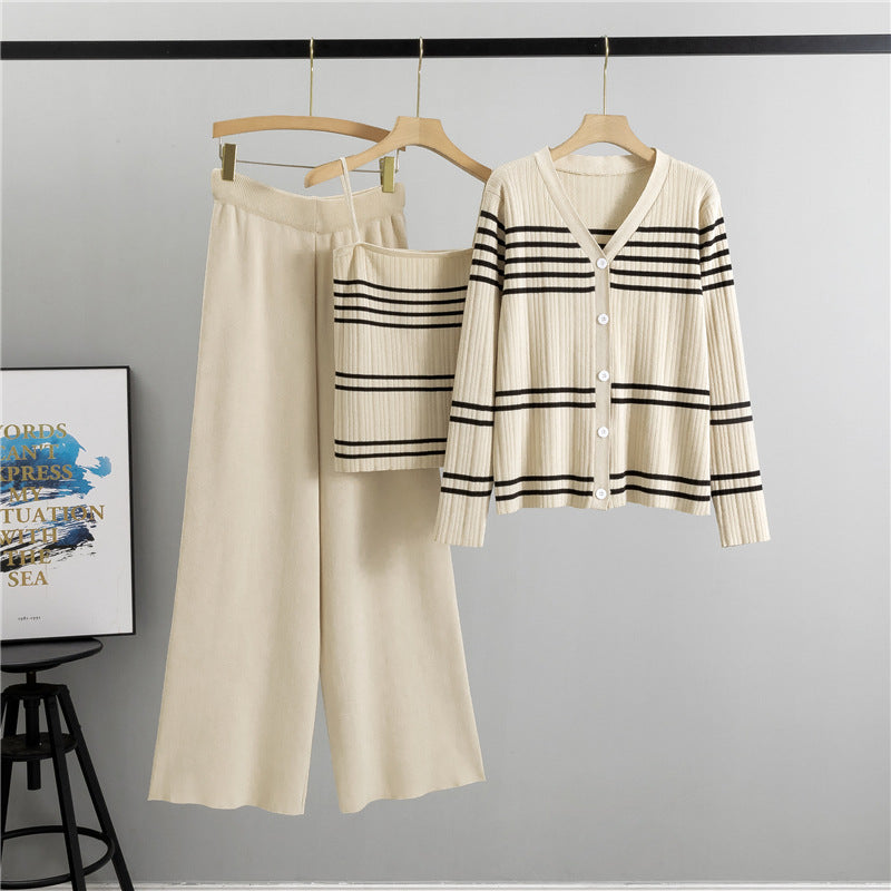 Striped Spaghetti Straps Cardigan Three Piece Set Fashionable Temperamental All Match Knitting Two Piece Sets Women Autumn Winter