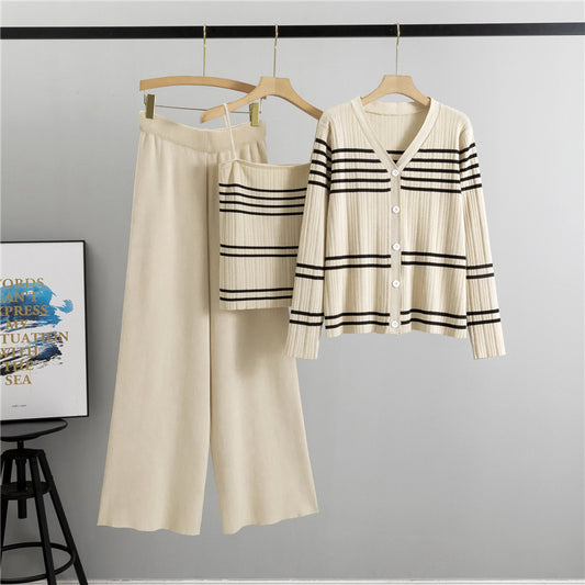 Striped Spaghetti Straps Cardigan Three Piece Set Fashionable Temperamental All Match Knitting Two Piece Sets Women Autumn Winter