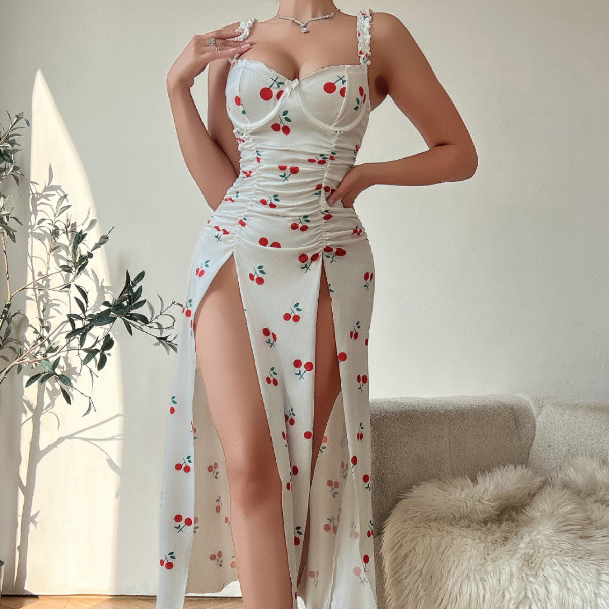 Sexy Underwear Cherry Print Suspender Dress Women Dress Pajamas T Back
