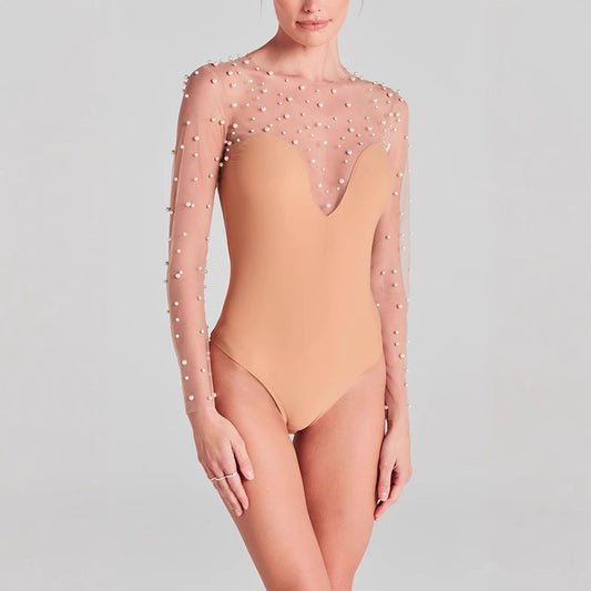 Spring Summer Long Sleeve Inner Wear Bubble Beads Stitching Jumpsuit Casual Women Jumpsuit