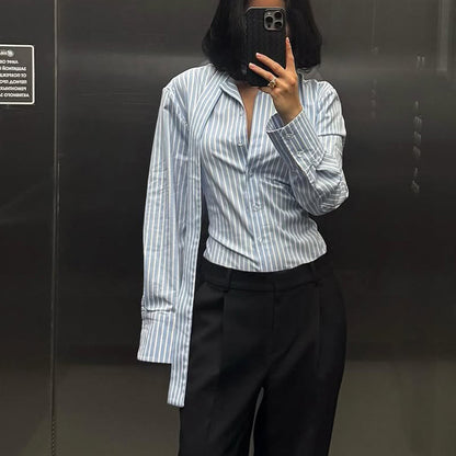 Women Clothing Striped Collared Shirt Women Waist Controlled Long Sleeves Lace up Cardigan Shirt Top