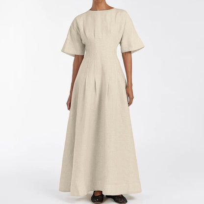 Women Clothing Simple Casual A line Dress Cotton round Neck Short Sleeve Waist Controlled Dress - Wanita Store