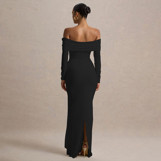Elegant Tube Top off Neck Ribbon Dress Pleated Slim Fit Dress