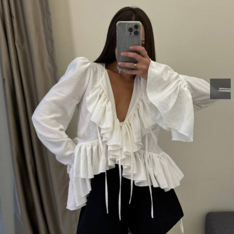 Women Clothing Spring Ruffled Flare Sleeve Tie Neck Top All Matching Shirt - Wanita Store