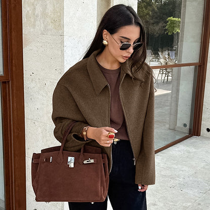 Autumn Winter Polo Collar Long Sleeve Zipper Woolen Coat Loose Casual Women Jacket - Wanita Store