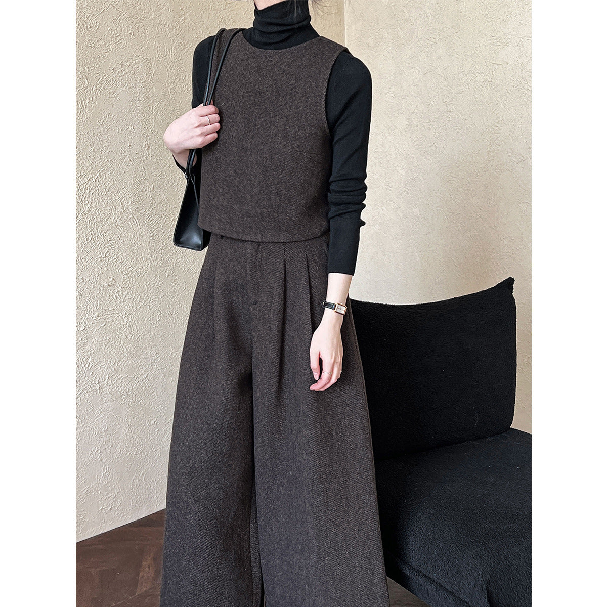 Two Way Vest Wide Leg Pants Women Autumn Winter Woolen Two Piece Sets