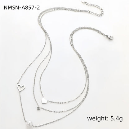 Fashionable Simple 18K Gold Stainless Steel Lovely Pearl Zircon Clavicle Three Chain Twin Necklace for Women - Wanita Store
