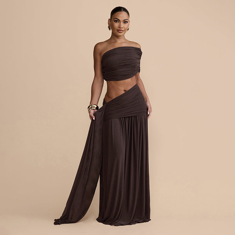 Ropa de Mujer Primavera Sexy Color Sólido Top sin Tirantes Chaleco Cinta Delgada Falda Plisada Conjuntos