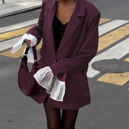 Spring Autumn Elegant Striped Blazer Women Design Lace Bell Sleeve Loose Casual - Wanita Store