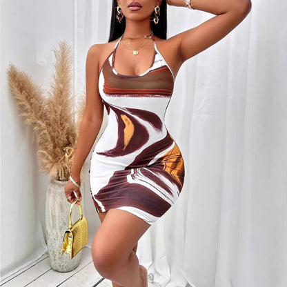 Robe caraco sexy moulante dos nu à lacets imprimée pour femme